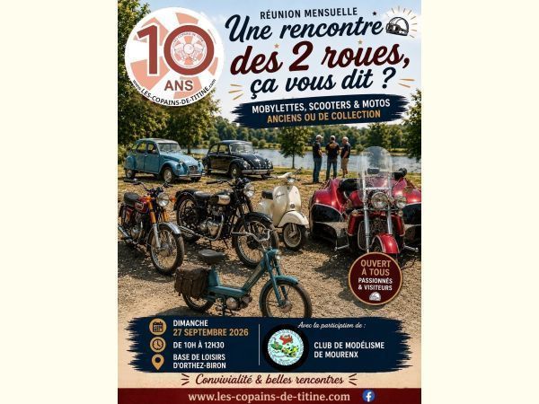 Affiche Réunion mensuelle le 4e dimanche du mois de véhicules anciens et motos